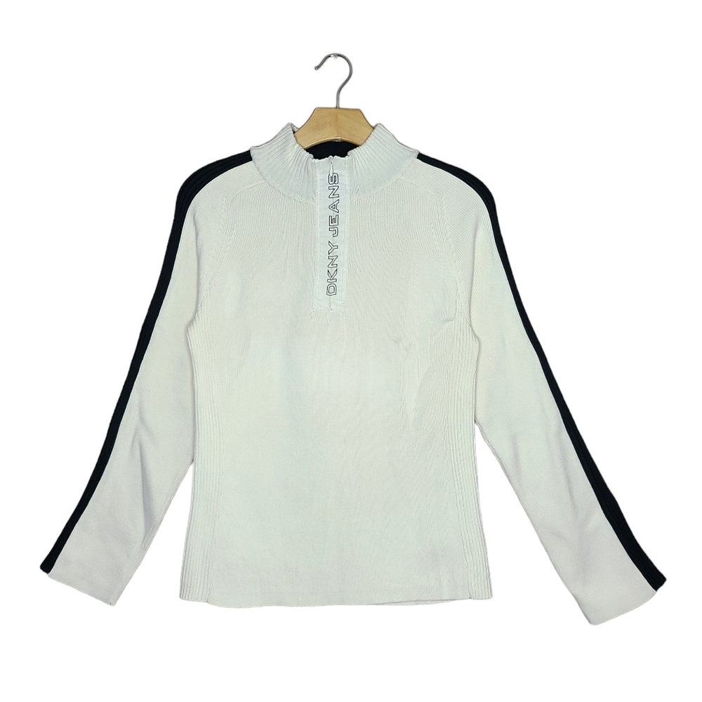 DKNY Jeans White & Black Half Zip Longsleeve Knit Sweater